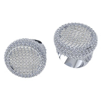 Two Round Pavé Diamond Rings – 14.11 CT Gold Design, each with a large, round face encrusted with rows of sparkling small diamonds, are displayed from different angles against a white background.
