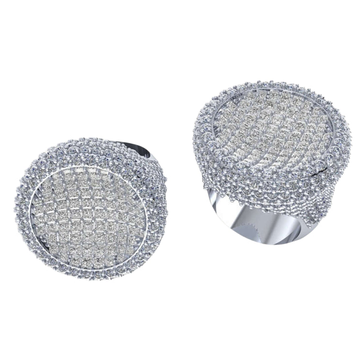 Two Round Pavé Diamond Rings – 14.11 CT Gold Design, each with a large, round face encrusted with rows of sparkling small diamonds, are displayed from different angles against a white background.