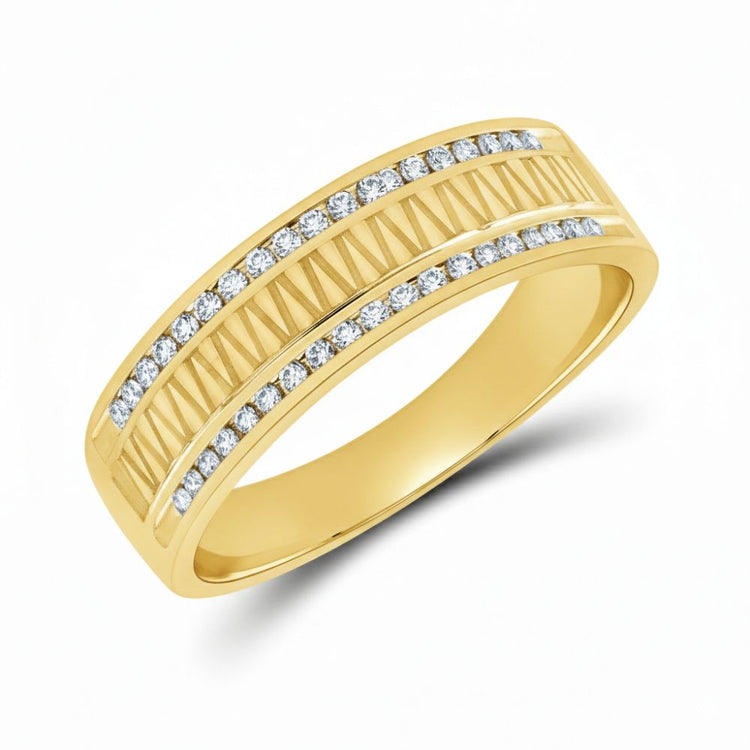 The 14k Yellow Gold Diamond Double Row Wedding Band has small round diamonds along the edges and a textured geometric center pattern.