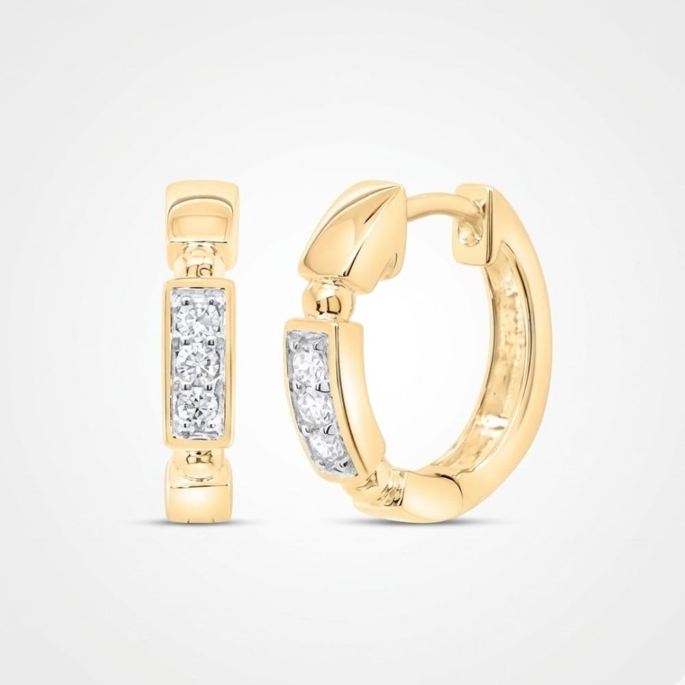 10k Gold Diamond Fashion Hoop Earrings 1/10CTW are displayed on a plain white background, with one earring shown from the front and the other from the side. Rectangular sections feature embedded natural diamonds.