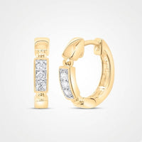 10k Gold Diamond Fashion Hoop Earrings 1/10CTW are displayed on a plain white background, with one earring shown from the front and the other from the side. Rectangular sections feature embedded natural diamonds.