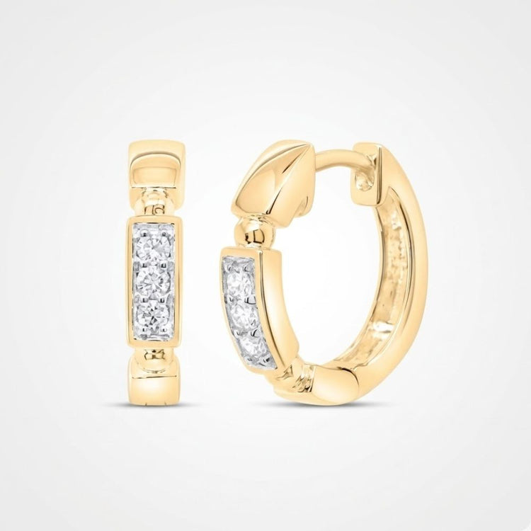 10k Gold Diamond Fashion Hoop Earrings 1/10CTW are displayed on a plain white background, with one earring shown from the front and the other from the side. Rectangular sections feature embedded natural diamonds.