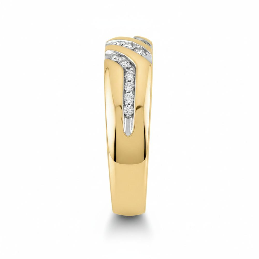 The 10k Yellow Gold Round Diamond Wedding Band (.03 Cttw) showcases a polished finish with diagonal white gold accents set with small round diamonds for a modern, elegant look.