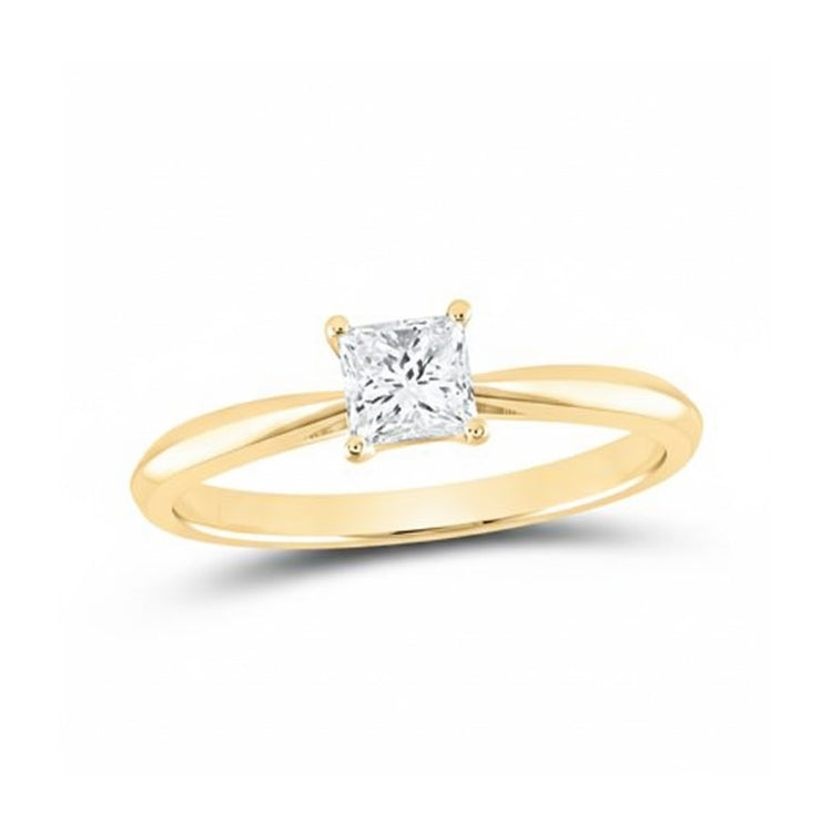 The 1CT Princess Cut Diamond Solitaire Ring – 14k Gold features a thin band and a central princess cut diamond in a four-prong setting, displayed on a plain white background to highlight its elegant design.