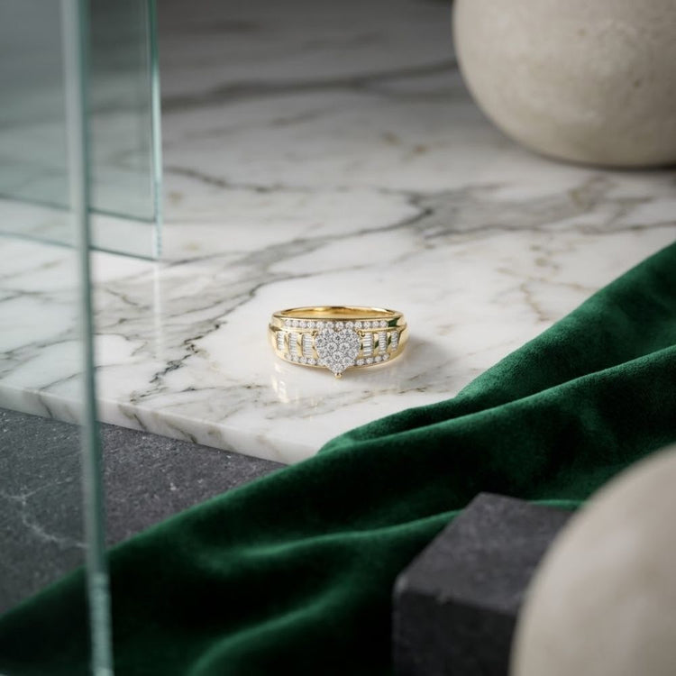 The 10k Gold Round Diamond Heart Engagement Ring, adorned with sparkling diamonds, rests on a white marble surface beside green velvet fabric and round stone decor accents.