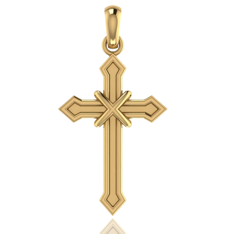 The 14k Gold Arrow-Point Cross Pendant features beveled edges and intricate details with an intersecting X-shaped design at the center, shown on a white background—a striking piece of gold faith jewelry.