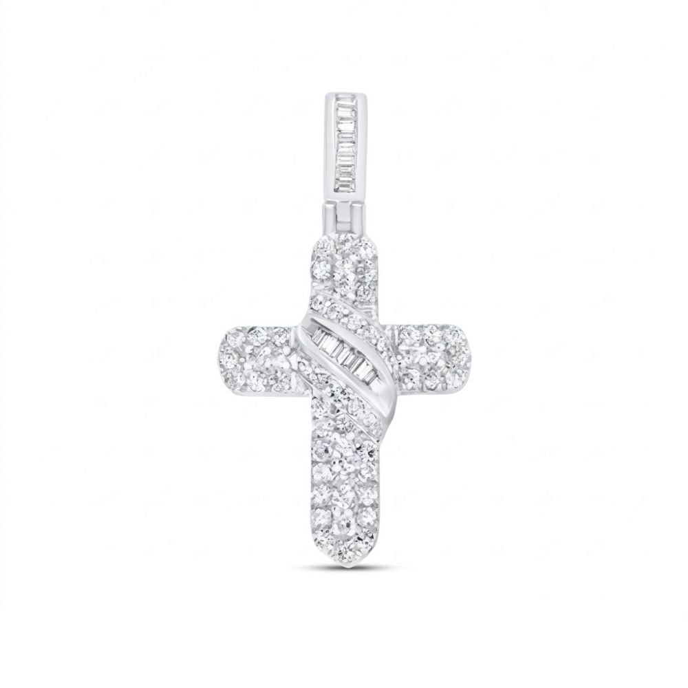 The 10k Gold Diamond Cross Pendant 1/2CT features natural diamonds and a diagonal band of rectangular stones, all set in yellow gold against a plain white background.