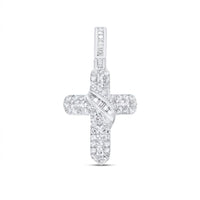The 10k Gold Diamond Cross Pendant 1/2CT features natural diamonds and a diagonal band of rectangular stones, all set in yellow gold against a plain white background.
