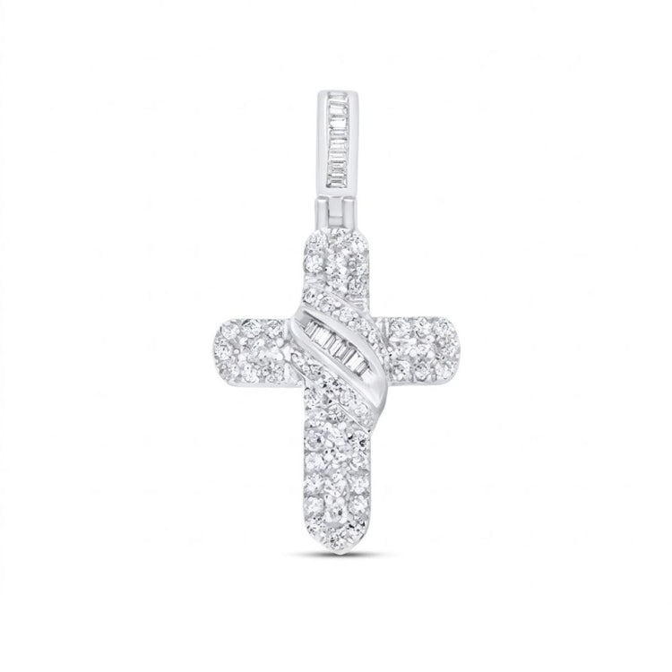 The 10k Gold Diamond Cross Pendant 1/2CT features natural diamonds and a diagonal band of rectangular stones, all set in yellow gold against a plain white background.
