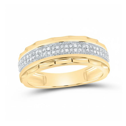 The 10k Gold Diamond Scalloped Wedding Band 1/5 Cttw features a polished finish, elegant scalloped design, and a central row of round diamonds bordered by delicate milgrain detailing—perfect as a modern round diamond wedding ring.