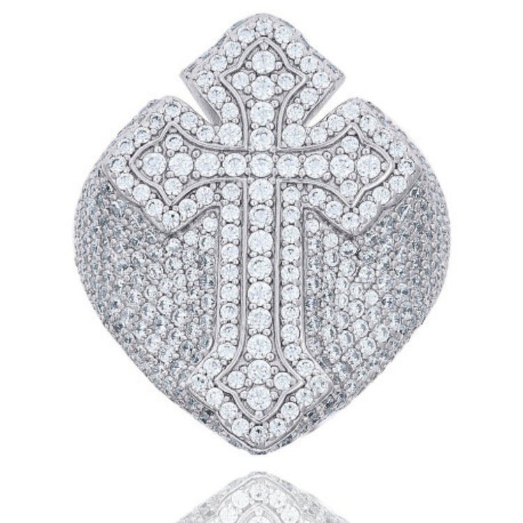 The Moissanite Cross Religious Ring features a sleek cross design adorned with sparkling stones, capturing the elegance of faith jewelry and shining beautifully against a white backdrop.