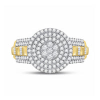 The 10k Two-Tone Gold Diamond Circle Flower Ring features a large round diamond flower cluster at its center, encircled by sparkling diamonds and elegant accents along the band.