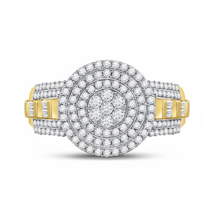 The 10k Two-Tone Gold Diamond Circle Flower Ring features a large round diamond flower cluster at its center, encircled by sparkling diamonds and elegant accents along the band.