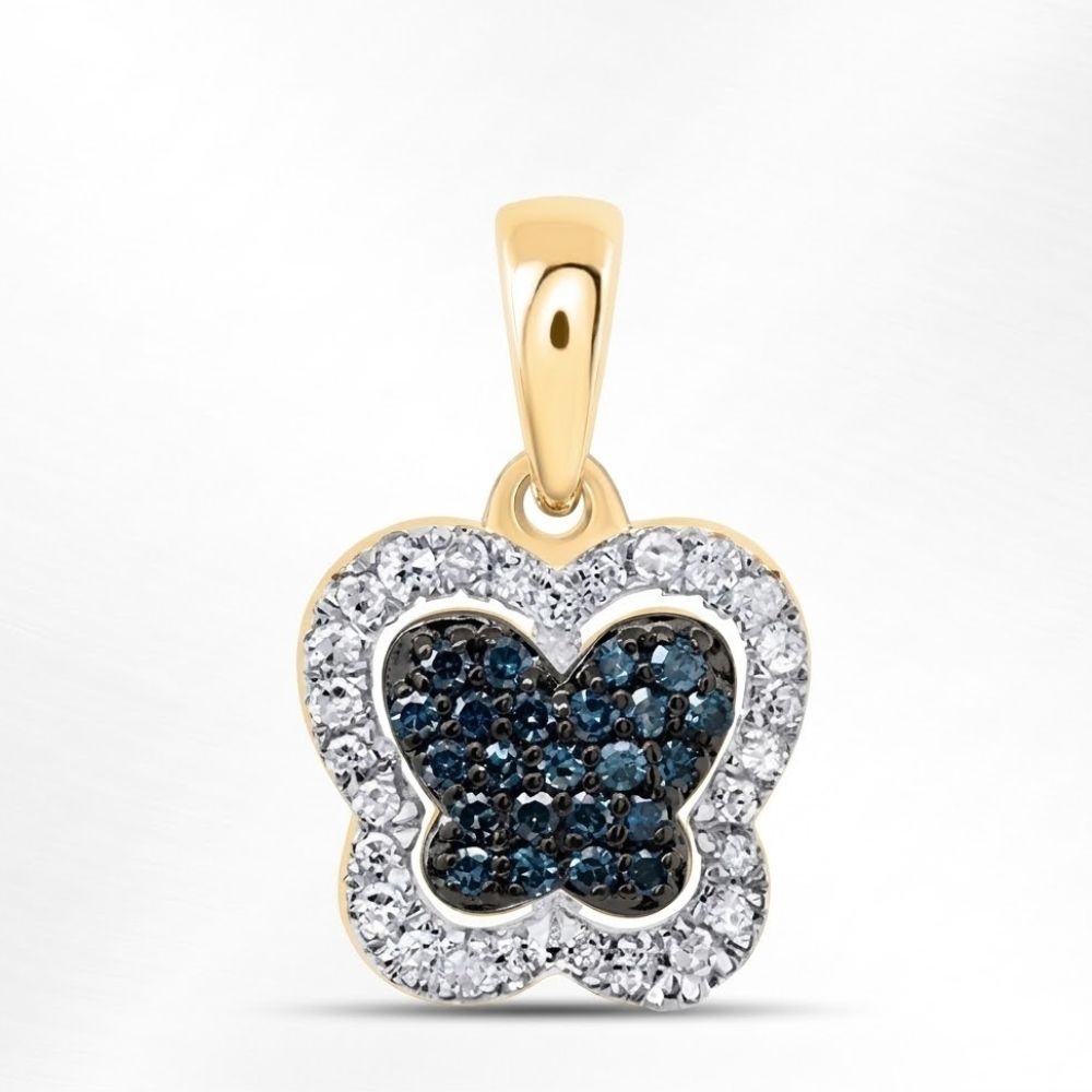 The 1/5 CT Blue Diamond Butterfly Pendant Gift in 10K gold features clear and blue diamonds in a butterfly design, set against a white background—a dazzling piece of butterfly jewelry.