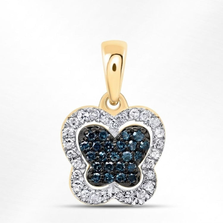 The 1/5 CT Blue Diamond Butterfly Pendant Gift in 10K gold features clear and blue diamonds in a butterfly design, set against a white background—a dazzling piece of butterfly jewelry.