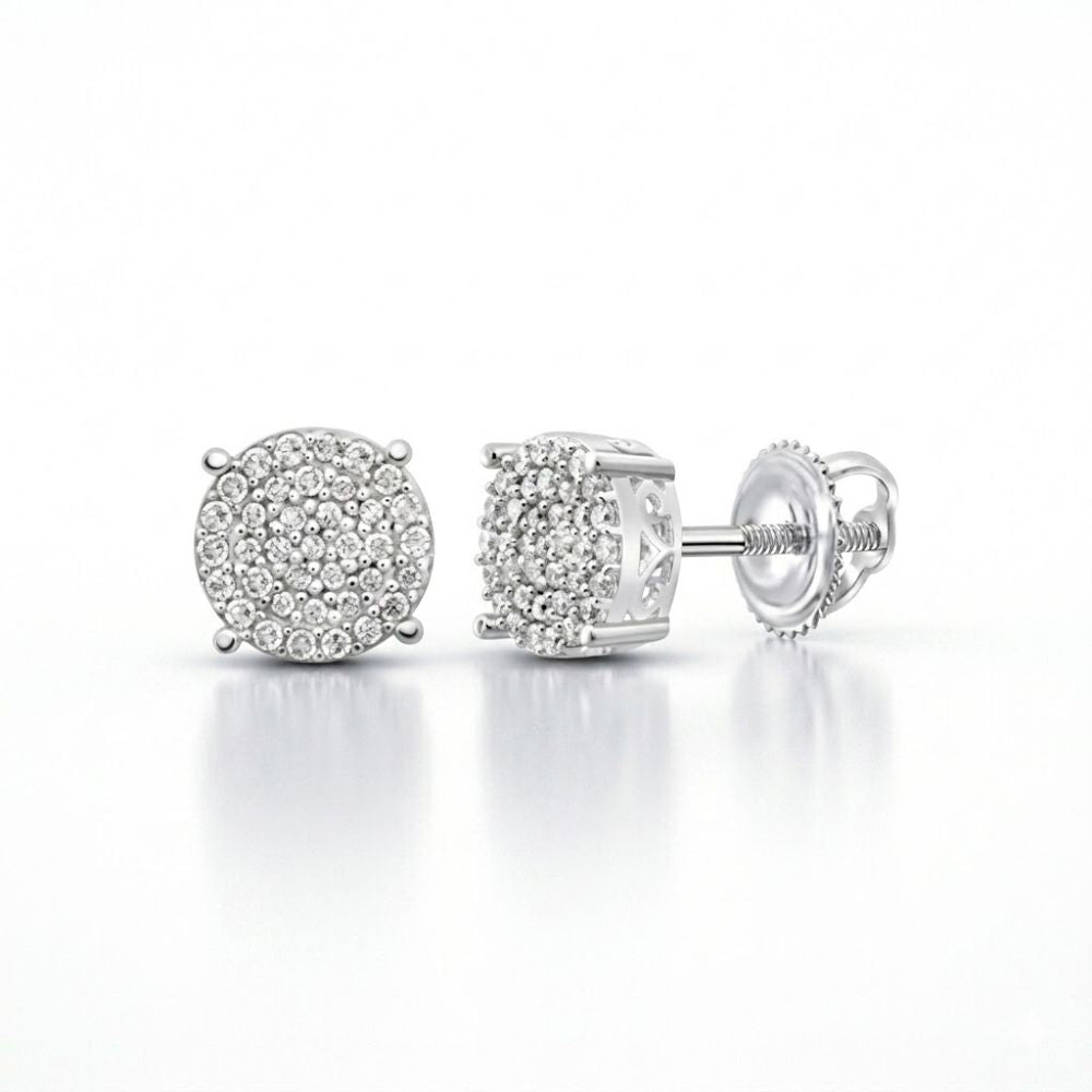 Sterling Silver Diamond Cluster Earrings 1/3 CTTW featuring clusters of sparkling diamonds set in sterling silver with secure screw-back fastenings, displayed on a white reflective surface.