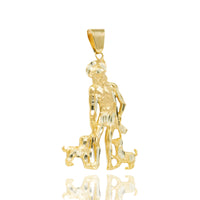 The Saint Lazarus Pendant – 14K Gold Men’s Pendant features a detailed standing shepherd with hat and staff, two sheep, and a top loop—perfect for men’s religious jewelry collections.