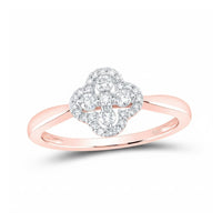 The 10k White & Rose Gold Diamond Clover Ring 1/4 Cttw showcases a clover-shaped cluster of diamonds on a slim, polished band—an elegant piece of jewelry perfect for any occasion. Displayed against a white background.