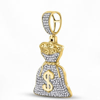 The 10K Gold Diamond Money Bag Pendant 1/2 CTTW features sparkling stones, a bold dollar sign, and a diamond-encrusted bail—making it a standout accessory crafted in yellow gold.