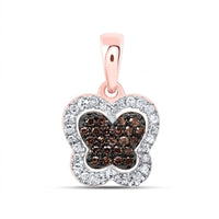 The 1/5CTW-DIA P1 Gift Cognac Natural Diamond Butterfly Pendant features white stones outlining rose gold wings and dark brown stones in the center, resembling a cognac natural diamond, shown against a white background.