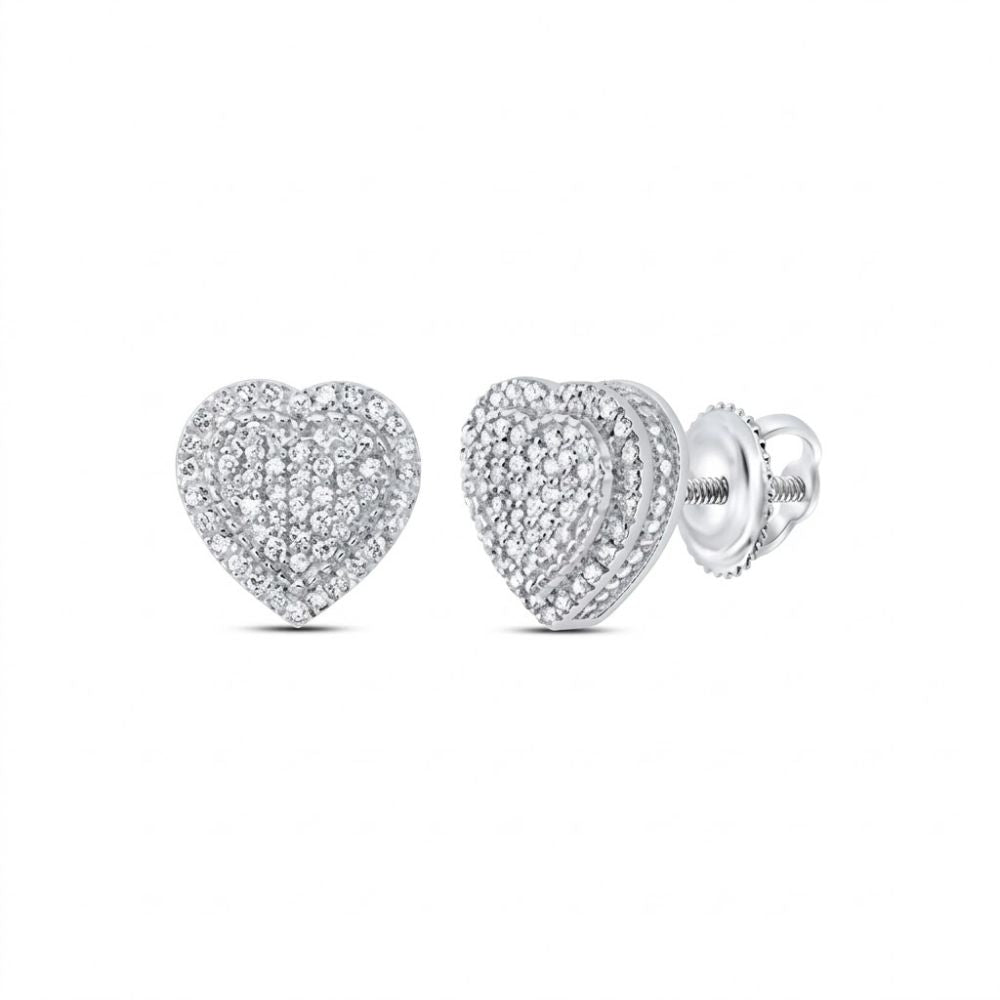 The 3/8CT Diamond Heart Earrings in 10K gold feature natural diamonds and secure screw-back closures, offering sparkling elegance for everyday wear. Displayed on a white background, these earrings add charm to any look.