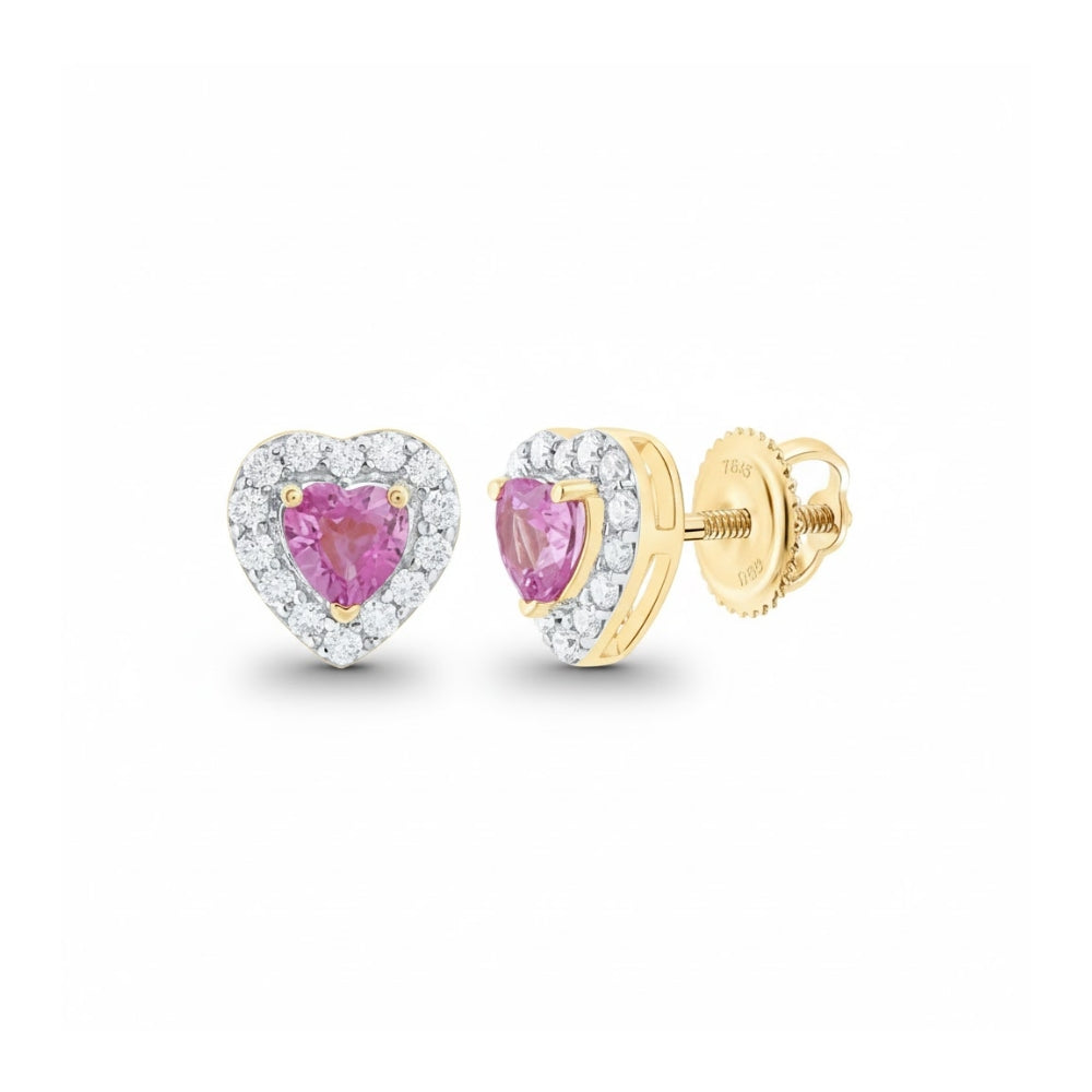 1/10CT Heart Earrings with Pink Sapphire in 14K Gold