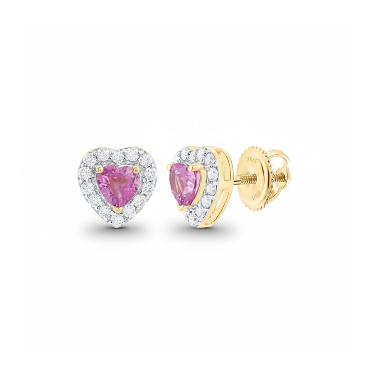The 1/10CT Heart Earrings with Pink Sapphire in 14K Gold feature heart-shaped pink sapphires bordered by small round white diamonds, displayed from the front and side on a white background.