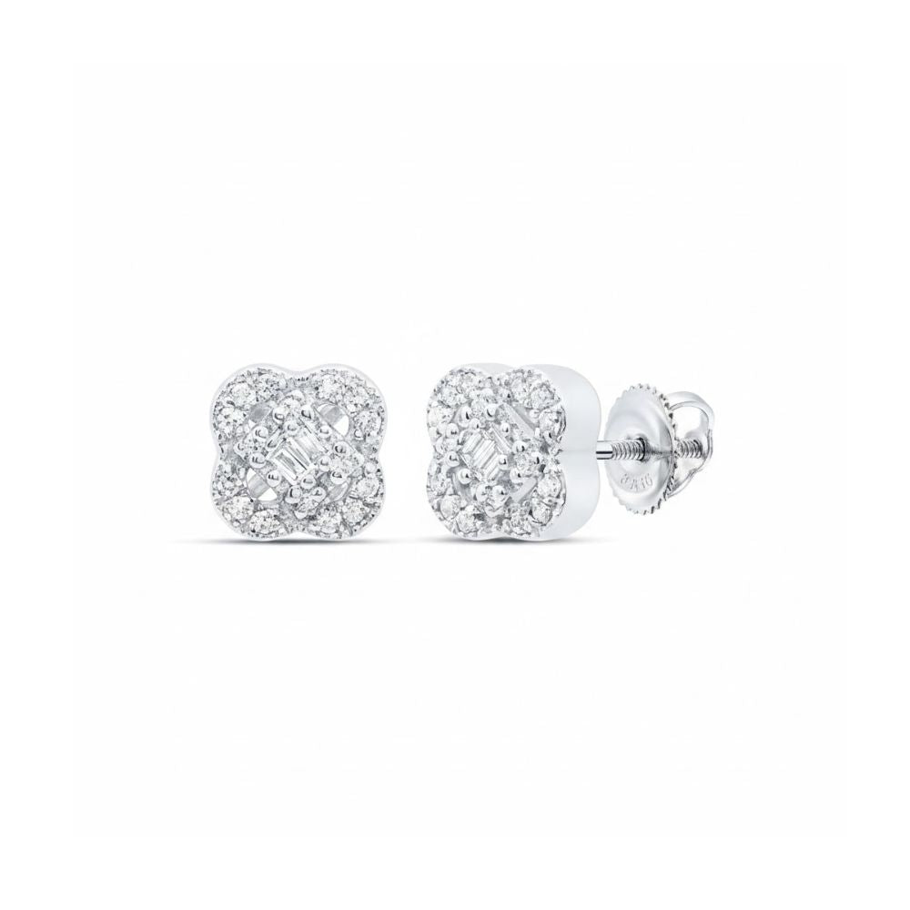 1/10CT Diamond Clover Baguette Earrings in 10k gold, featuring a floral-inspired cluster design with screw-back posts, are displayed on a white background.