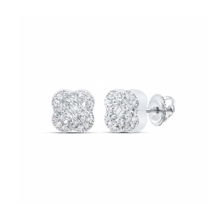 1/10CT Diamond Clover Baguette Earrings in 10k gold, featuring a floral-inspired cluster design with screw-back posts, are displayed on a white background.