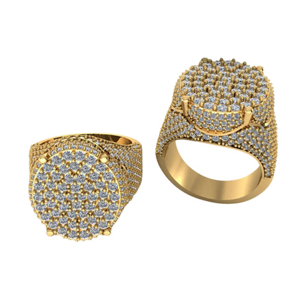 Two Round Pavé Diamond Ring – 4.58 CT Gold Designs are displayed: one upright and one flat, showcasing their large, round faces adorned with multiple sparkling diamonds and highlighting the intricate detailing of these luxurious rings.