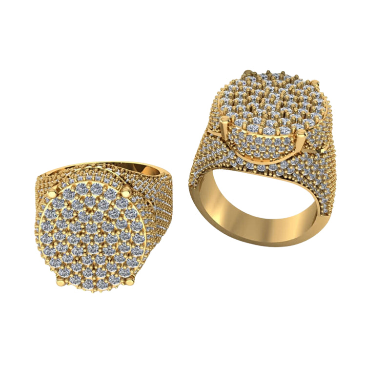 Two Round Pavé Diamond Ring – 4.58 CT Gold Designs are displayed: one upright and one flat, showcasing their large, round faces adorned with multiple sparkling diamonds and highlighting the intricate detailing of these luxurious rings.