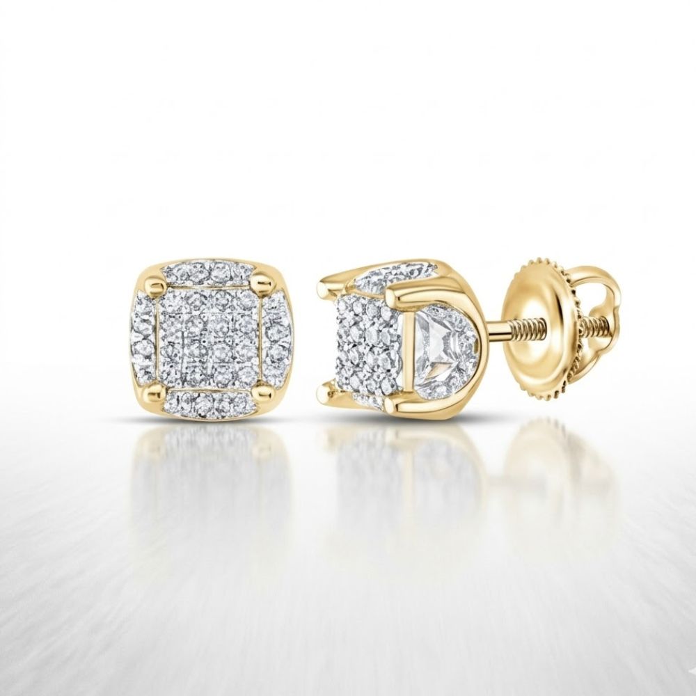 10K Gold Diamond Cluster Stud Earrings 1/5 Cttw, featuring square-shaped yellow gold with diamond accents, are shown on a white background—one earring displayed from the front, the other highlighting its screw-back closure.