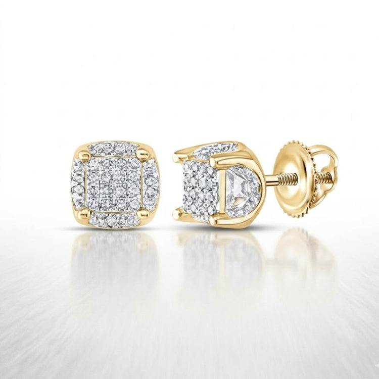 10K Gold Diamond Cluster Stud Earrings 1/5 Cttw, featuring square-shaped yellow gold with diamond accents, are shown on a white background—one earring displayed from the front, the other highlighting its screw-back closure.