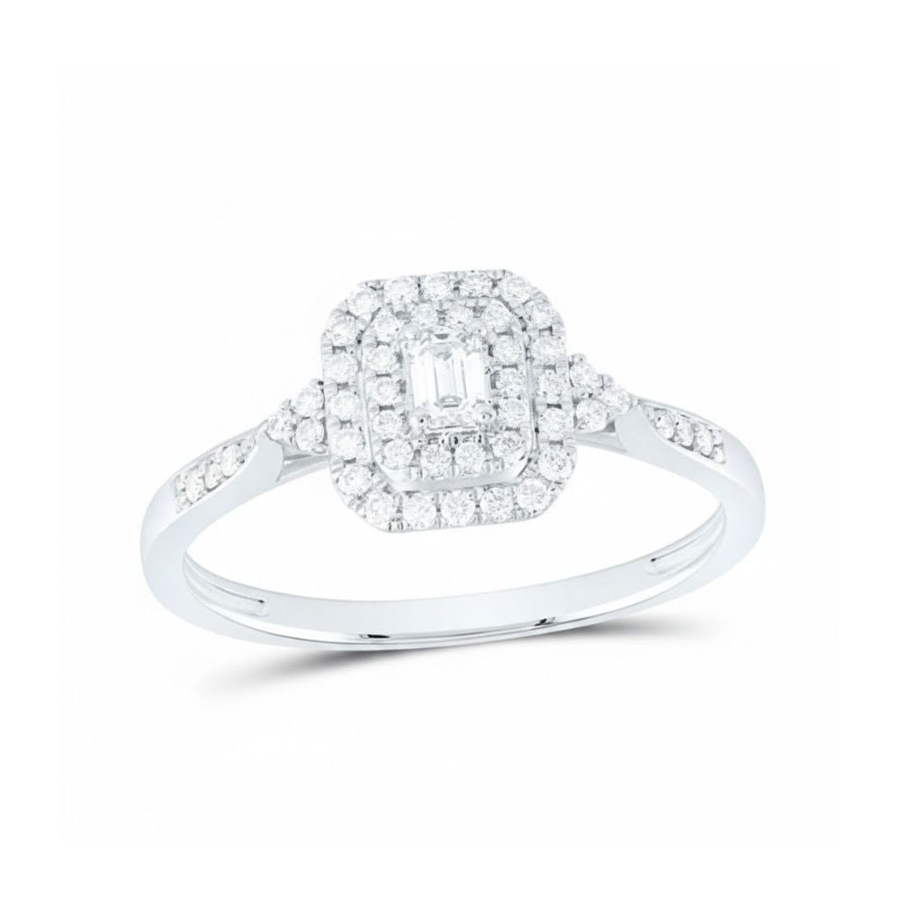 The 1/3CTW Diamond Emerald Double Halo Engagement Ring in 14k gold features a rectangular halo of natural diamonds around a baguette-cut center stone and diamond accents along the band.