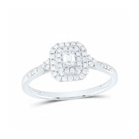 The 1/3CTW Diamond Emerald Double Halo Engagement Ring in 14k gold features a rectangular halo of natural diamonds around a baguette-cut center stone and diamond accents along the band.