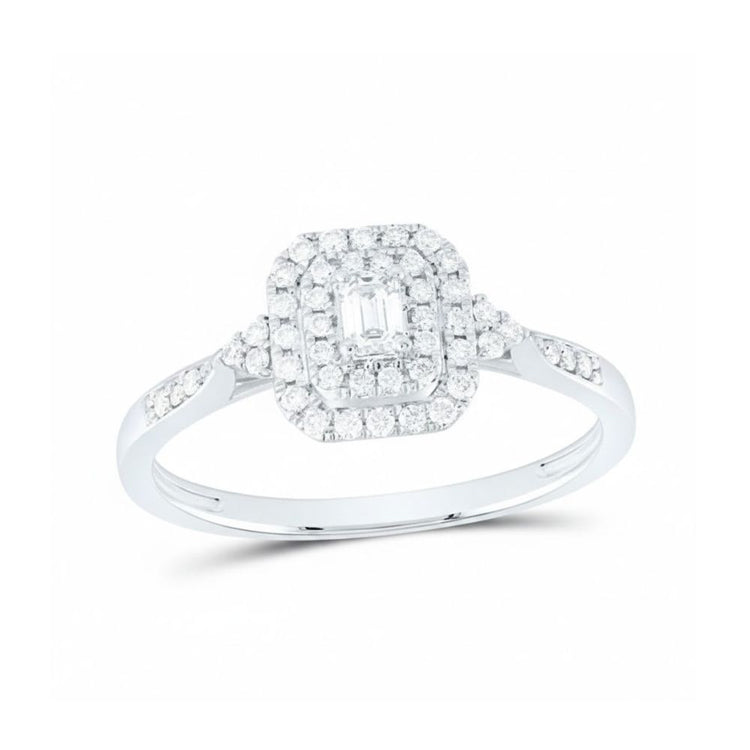 The 1/3CTW Diamond Emerald Double Halo Engagement Ring in 14k gold features a rectangular halo of natural diamonds around a baguette-cut center stone and diamond accents along the band.