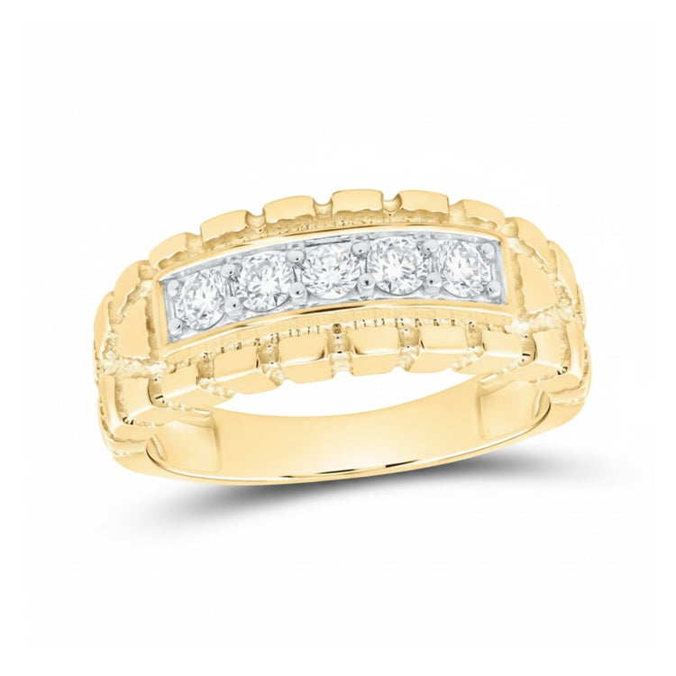 1/2CTW Natural Diamond Nugget Men’s Ring in 10k yellow gold features five round natural diamonds on a white metal rectangular top, with a textured, segmented gold band.