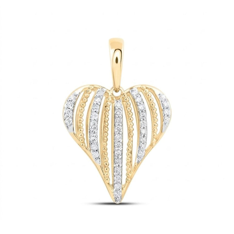 The 1/5 CTW Natural Diamond Heart Pendant in 10K gold features a heart shape with alternating rows of shimmering diamonds and gold bead accents, finished with a polished bail for a chain, displayed against a plain white background.
