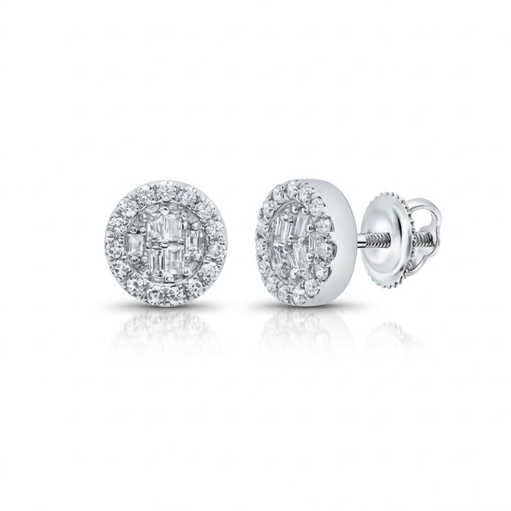These 1/5CTW Diamond Earrings in 10K gold feature a central cluster of baguette and round diamonds, accented by a halo of smaller diamonds, and are secured with screw-back posts.