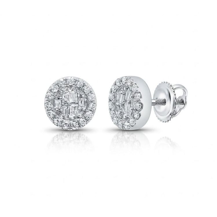 These 1/5CTW Diamond Earrings in 10K gold feature a central cluster of baguette and round diamonds, accented by a halo of smaller diamonds, and are secured with screw-back posts.