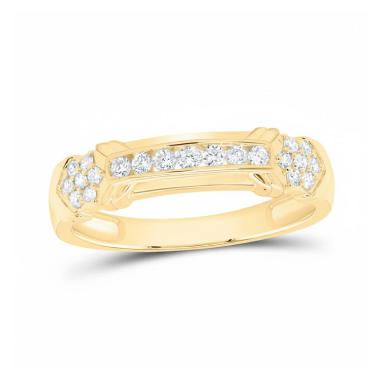 The 10k Yellow Gold 1/3CTW Diamond Men’s Fashion Band features a row of round diamonds across the top with clusters on each end, all set against a white background.