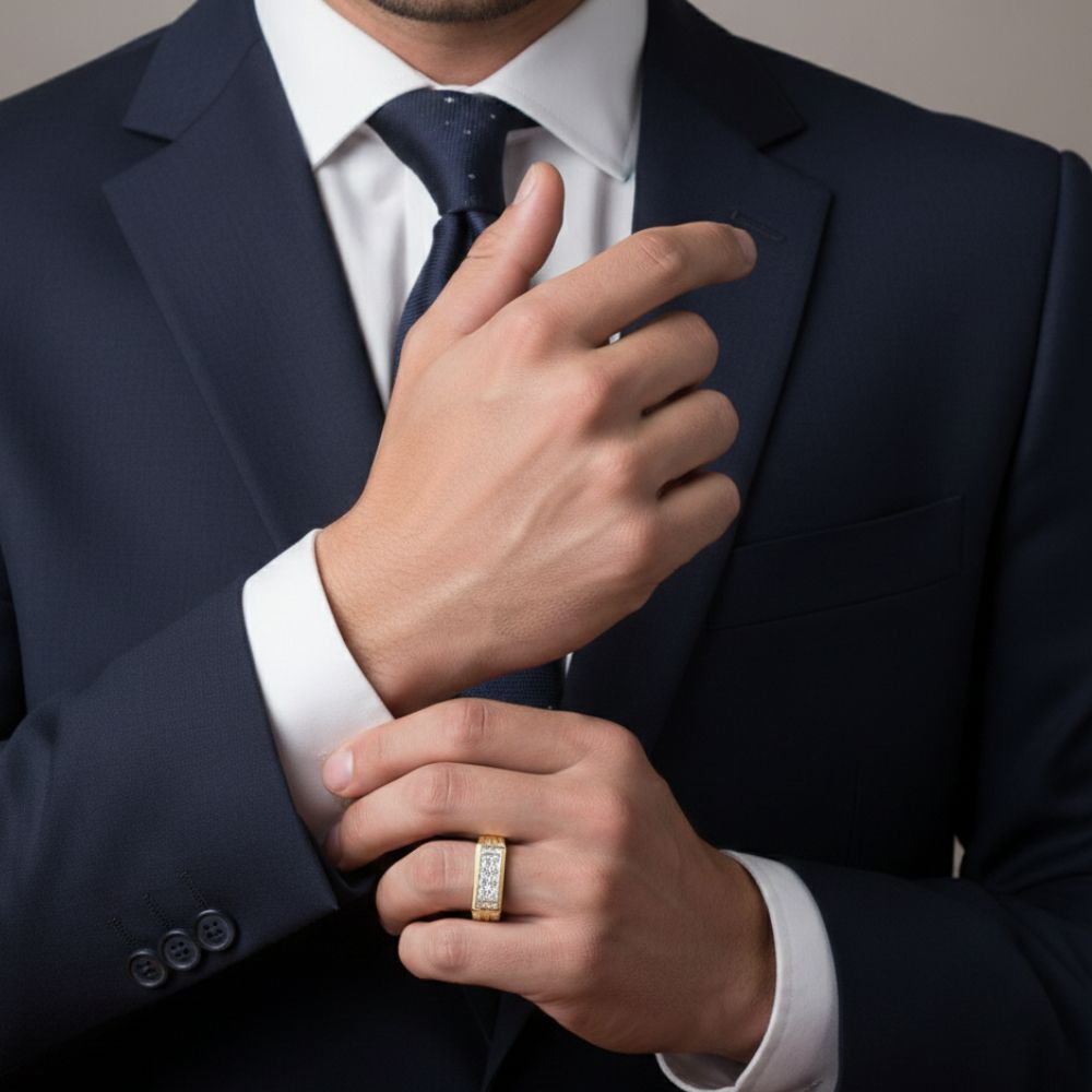 A man in a dark suit adjusts his cuff, showcasing the 10k Gold Round Diamond Band Ring 1/2 Cttw on his other hand. His face is hidden, highlighting the ring's elegance alongside his formal attire.
