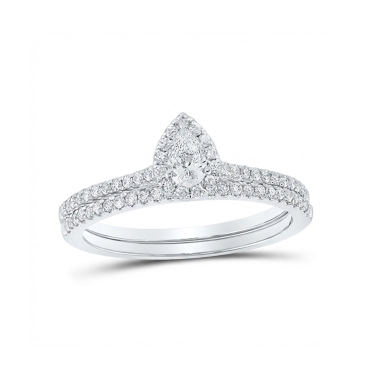 The 14k Gold Pear Diamond Halo Wedding Ring Set features a pear-shaped diamond halo atop a white gold band, paired with a matching diamond-studded ring, both beautifully displayed on a white background.