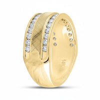 The 14k Yellow Gold Diamond Double Row Wedding Band 1 Cttw features a textured central band bordered by two sparkling diamond rows. The interior is polished and stamped 14K.