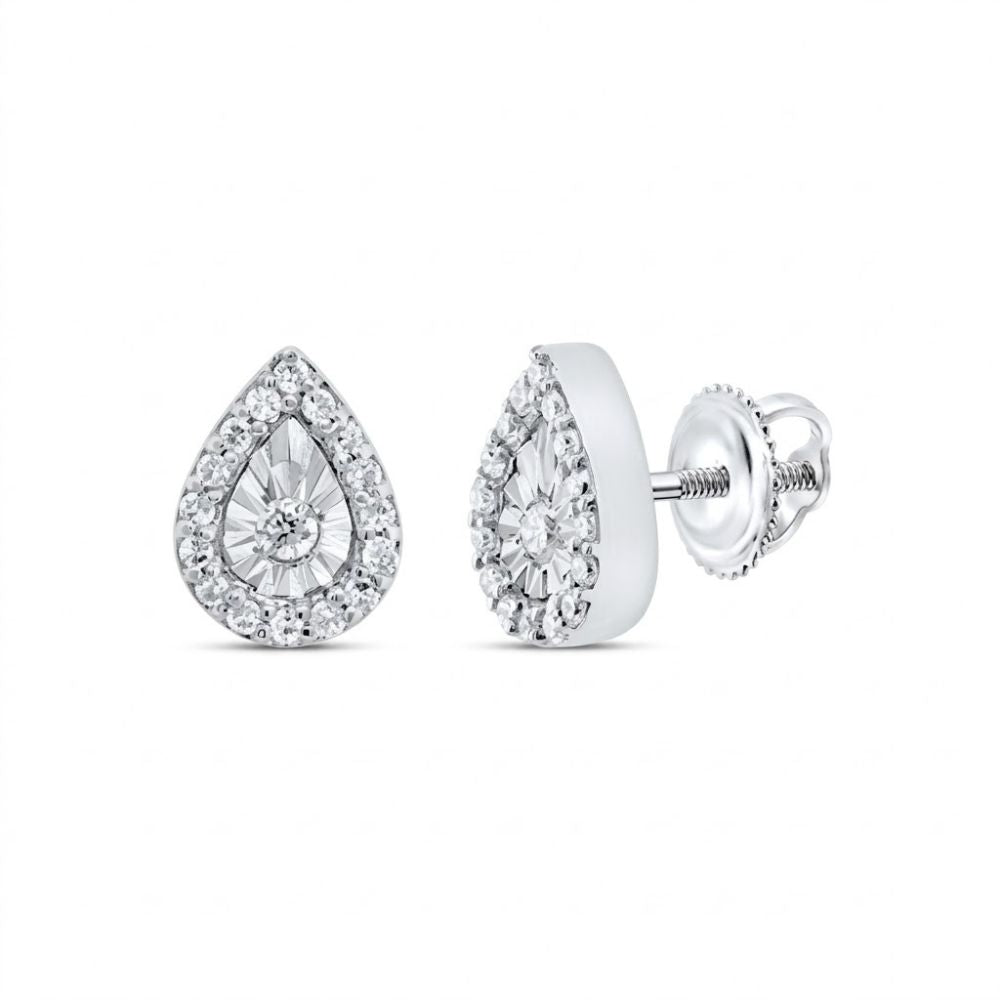 The 1/10CTW Natural Diamond Pear Earrings in 10K gold feature a central diamond with a halo of smaller diamonds, set in white gold with screw-back posts, shown on a white background.
