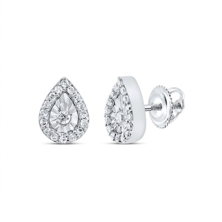 The 1/10CTW Natural Diamond Pear Earrings in 10K gold feature a central diamond with a halo of smaller diamonds, set in white gold with screw-back posts, shown on a white background.