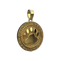 The Golden Dog Paw Pendant – 14K Solid Yellow Gold for Men features a round gold charm with a raised border and cutout paw print, attached to a loop—an elegant piece of pet jewelry crafted in shining 14K yellow gold.