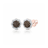 The 1/4 CTW Cognac Diamond Flower Earrings in 10k Gold feature brown center stones with clear accents, set in rose gold and secured with screw-back posts.