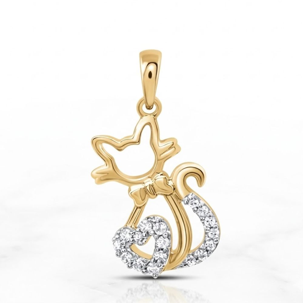 Delicate and elegant, the 1/10 CTW Diamond Heart Cat Pendant in 10K Gold features a heart-shaped tail accented with diamonds—a perfect piece of cat lover jewelry shown on a plain white background.