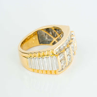 The 2ctw Round Diamond Ribbed Shank Band Ring in 14K gold features round brilliant-cut diamonds set in rows along its wide, ribbed shank, displayed against a white background.